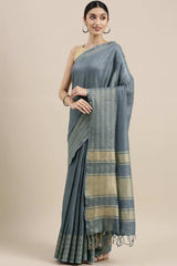 Buy Linen Blend Zari Woven Saree in Grey Online