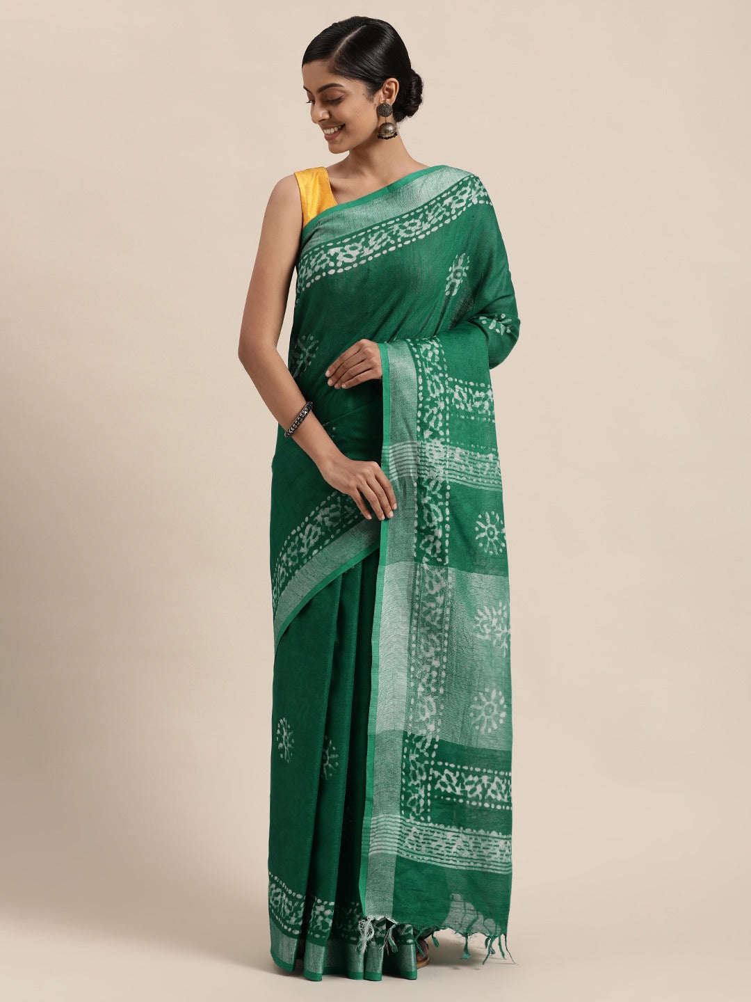 Buy Linen Batik Print Saree in Green