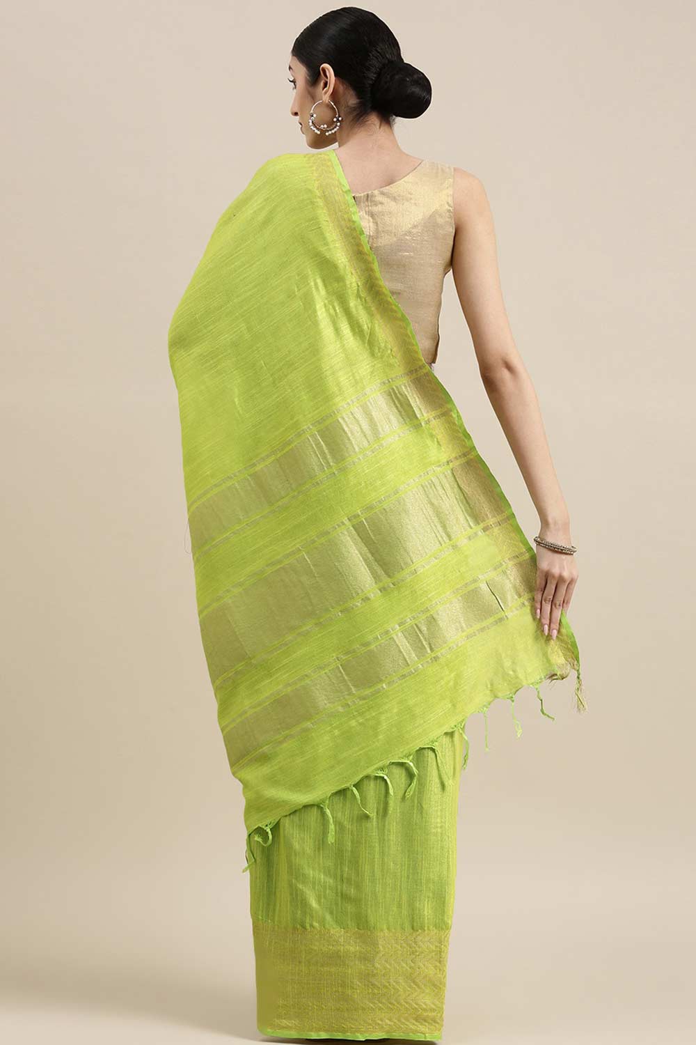 Buy Linen Blend Zari Woven Saree in Green Online - Back