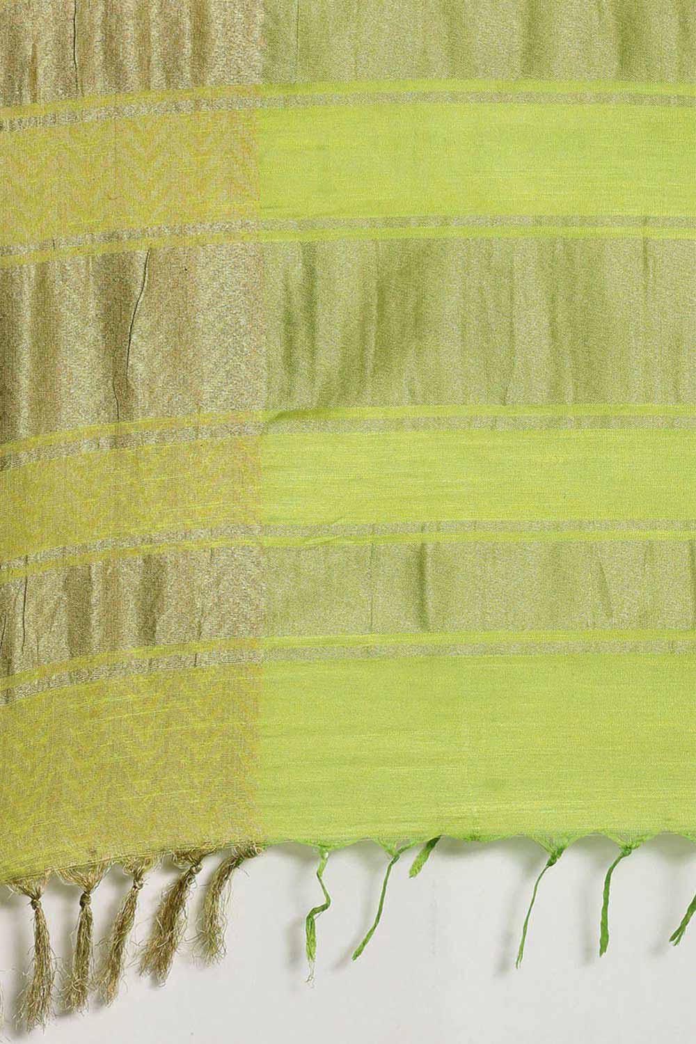 Buy Linen Blend Zari Woven Saree in Green Online - Side