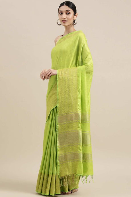 Buy Linen Blend Zari Woven Saree in Green Online