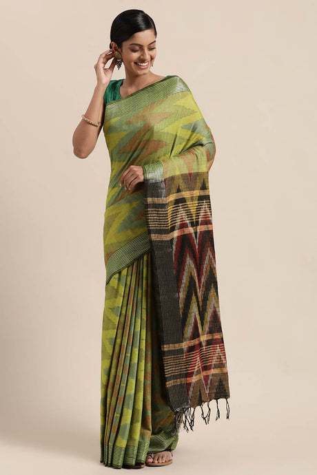 Buy Linen Woven Saree in Yellow