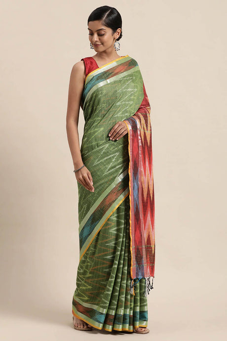 Buy Linen Woven Saree in Green