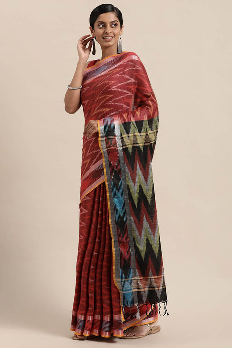 Buy Linen Woven Saree in Maroon