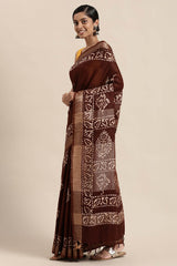 Buy Linen Batik Print Saree in Brown