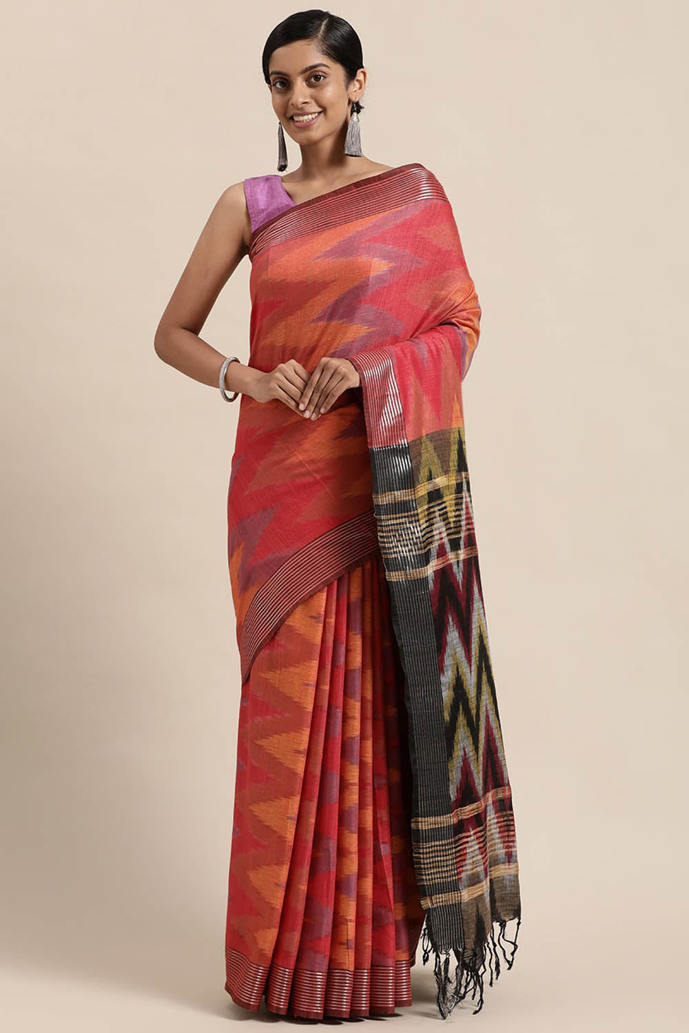 Buy Linen Woven Saree in Orange