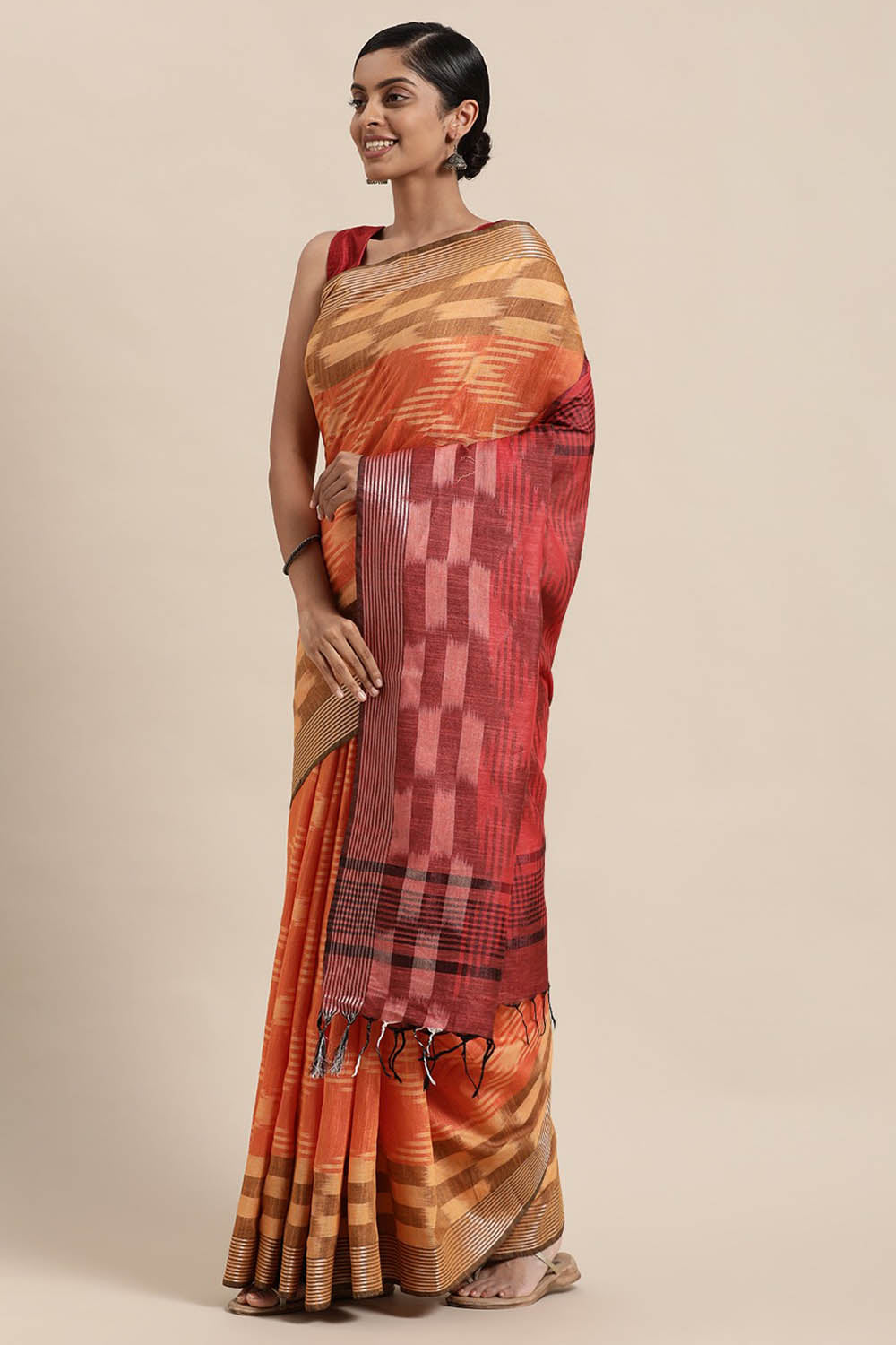 Buy Linen Woven Saree in Orange