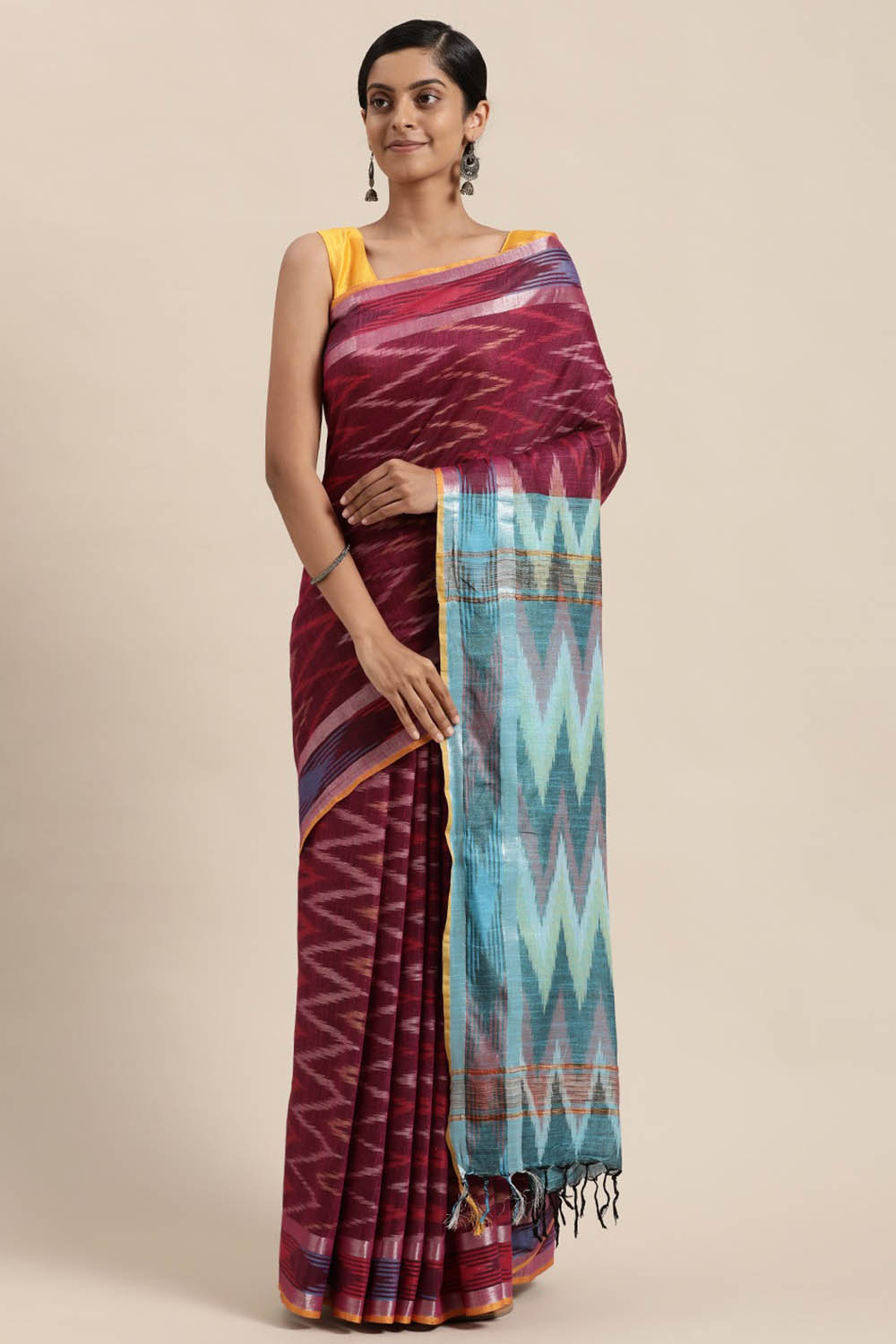 Buy Linen Woven Saree in Pink