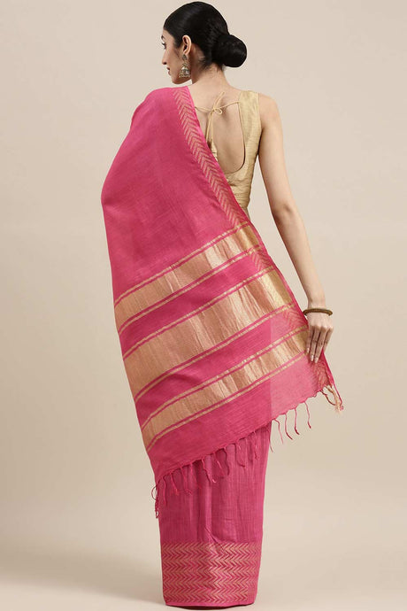 Buy Linen Blend Zari Woven Saree in Pink Online - Back