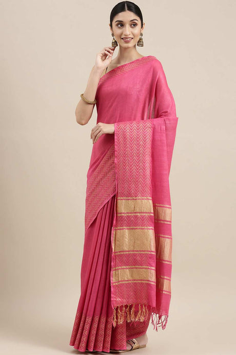 Buy Linen Blend Zari Woven Saree in Pink Online