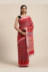 Buy Linen Paisley Print Saree in Red