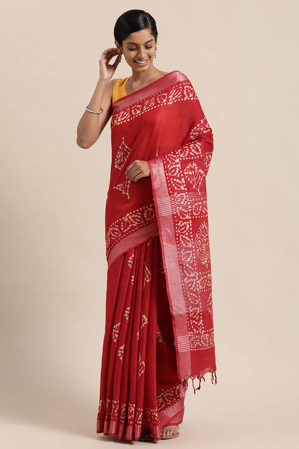 Buy Linen Batik Print Saree in Red