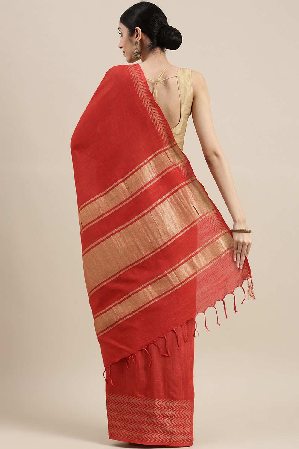 Buy Linen Blend Zari Woven Saree in Red Online - Back