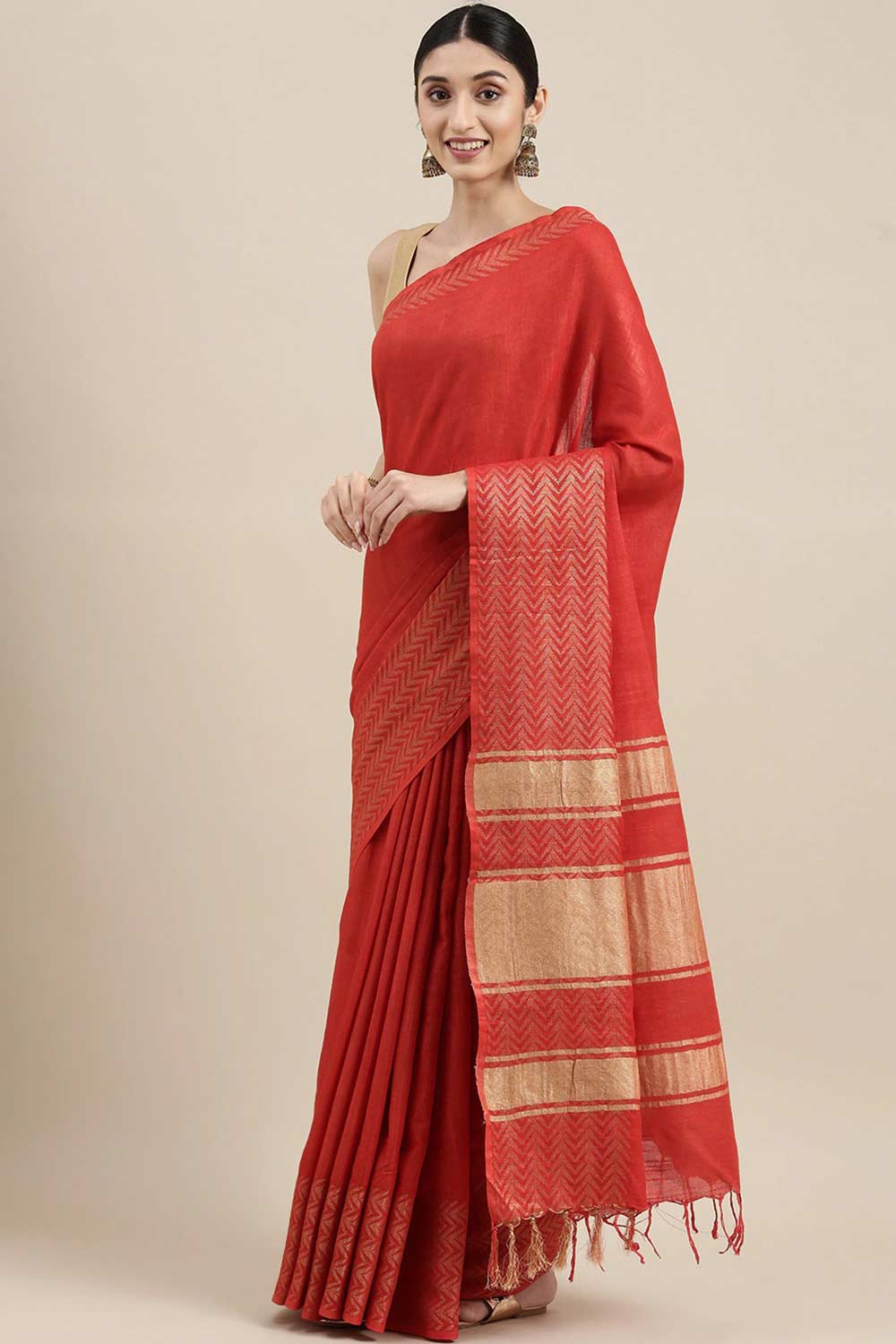 Buy Linen Blend Zari Woven Saree in Red Online