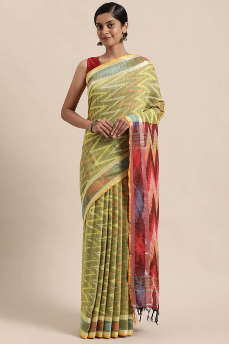 Buy Linen Woven Saree in Yellow