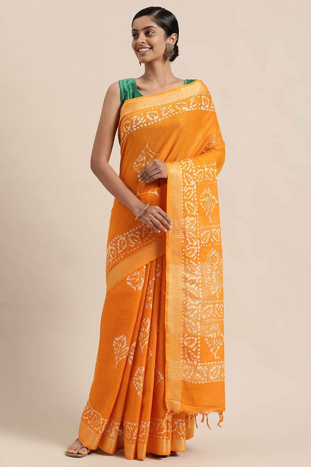 Buy Linen Batik Print Saree in Yellow