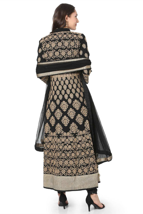 Faux Georgette Embroidered Suit Set in Black and Beige - Back
