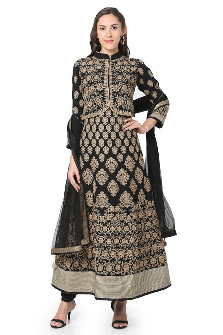 Faux Georgette Embroidered Suit Set in Black and Beige