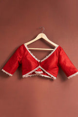 Red Silk Elbow Sleeves Padded Blouse