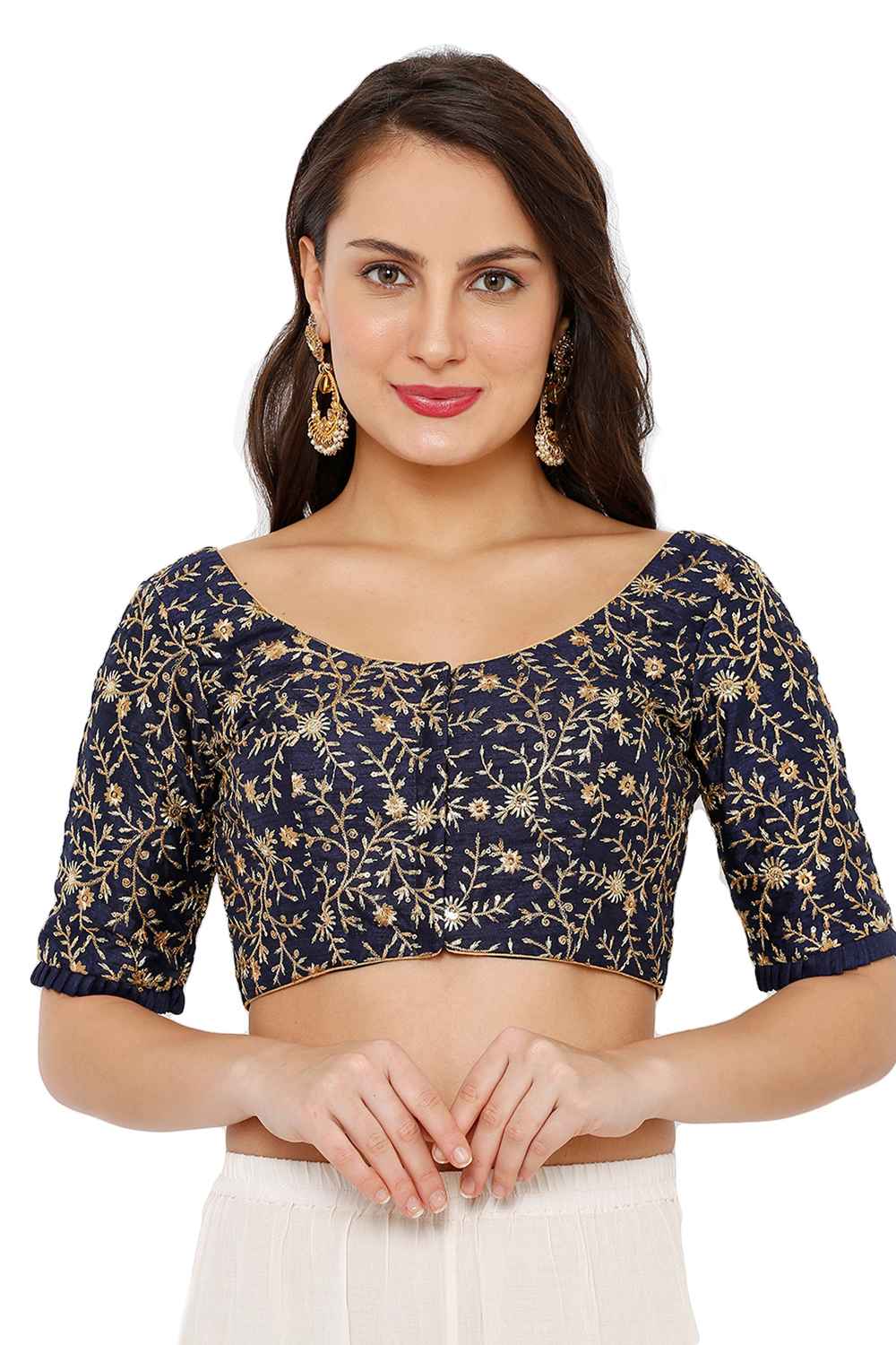 Buy Dupion Silk Embroidered Blouse in Navy-Blue