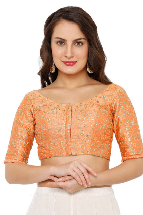Buy Dupion Silk Embroidered Blouse in Peach