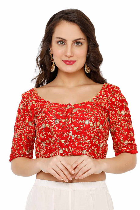 Buy Dupion Silk Embroidered Blouse in Red