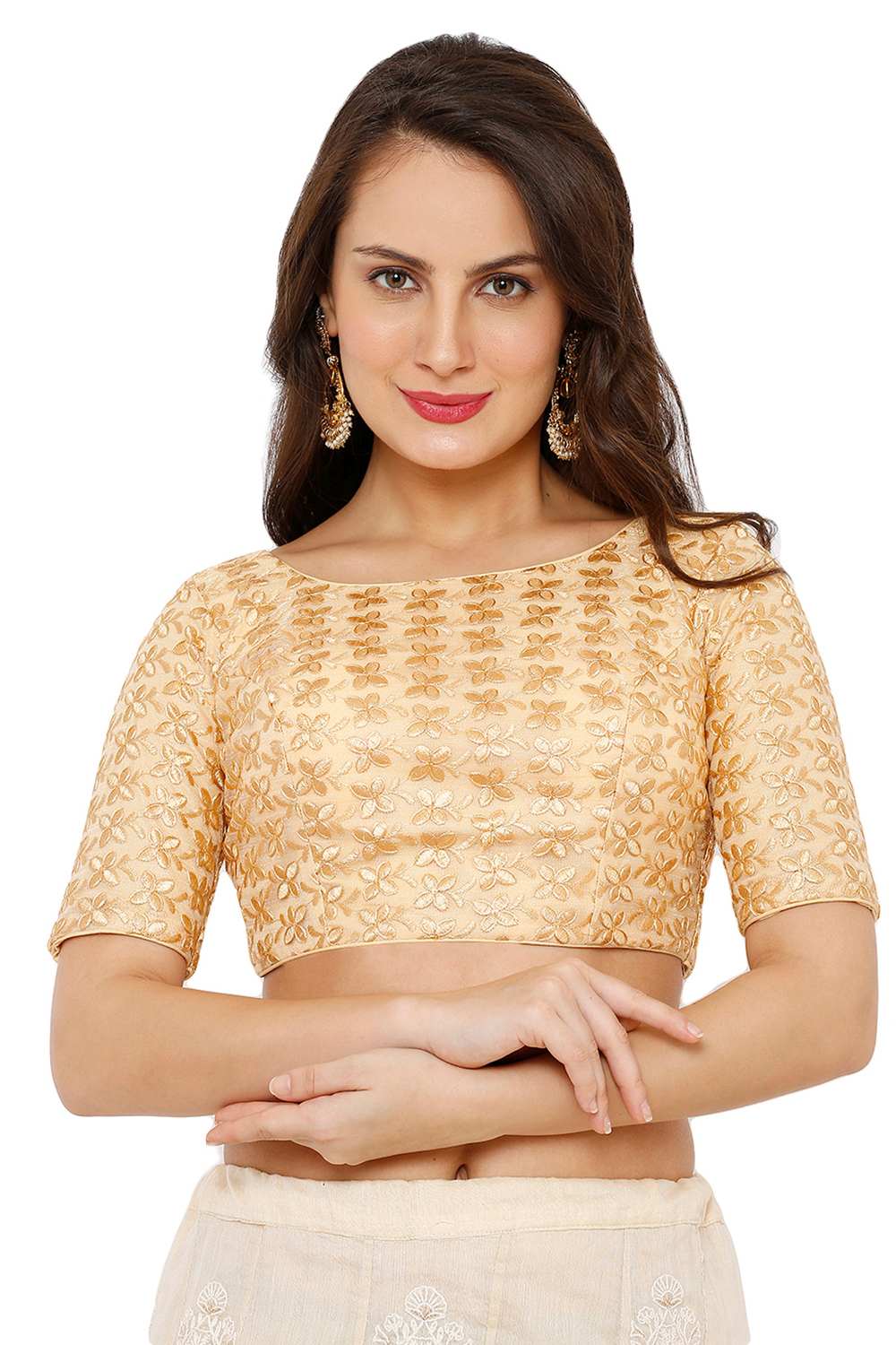 Buy Net Embroidered Blouse in Gold