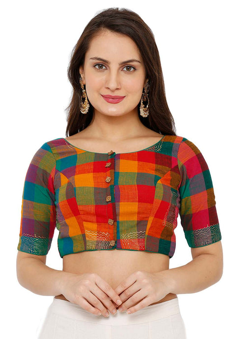 Buy Cotton Checkerd Print Blouse in Multicolor