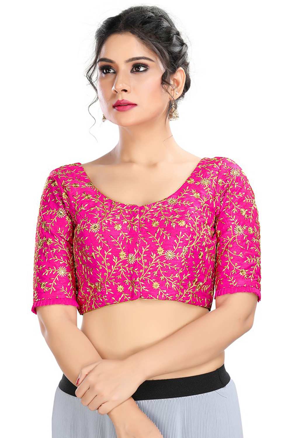 Buy Dupion Silk Embroidered Blouse in Pink