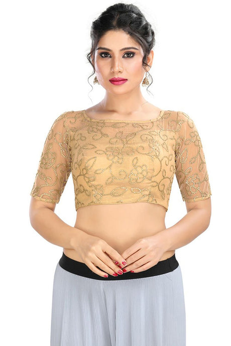 Buy Net Embroidered Blouse in Gold