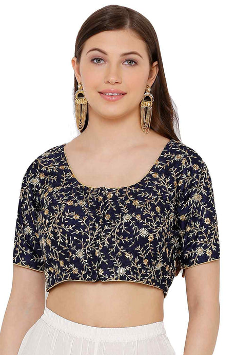 Buy Art Silk Embroidered Blouse in Navy Blue