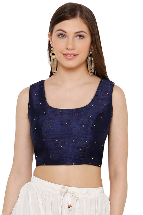 Buy Dupion Art Silk Woven Blouse in Navy Blue