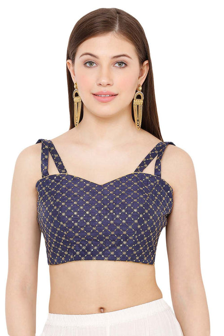Buy Dupion Art Silk Embroidered Blouse in Navy Blue