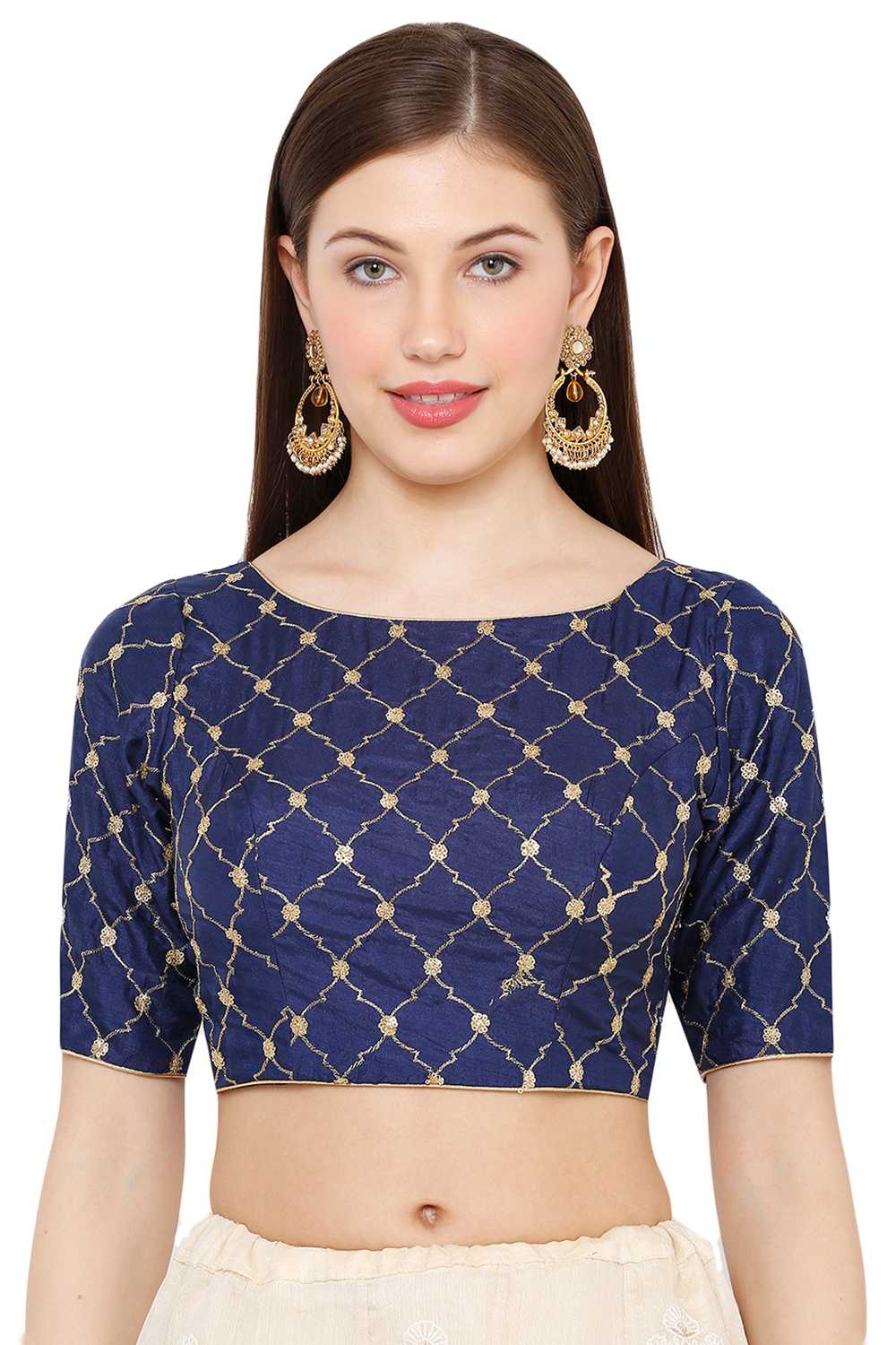 Buy Art Silk Embroidered Blouse in Navy Blue