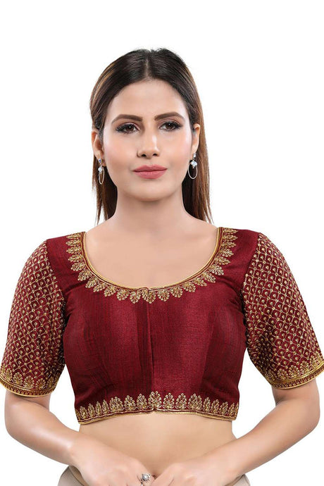 Buy Art Silk Embroidered Blouse in Dark Maroon