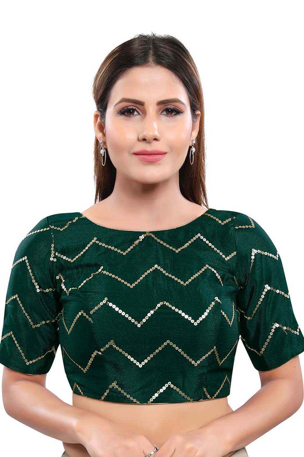 Buy Art Silk Sequin Blouse in Bottle Green