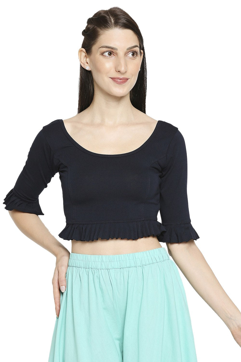 Buy Blended Cotton Lycra Solid Blouse in Navy Blue