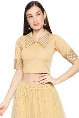Buy Cotton Lycra Solid with sequence Blouses in Beige