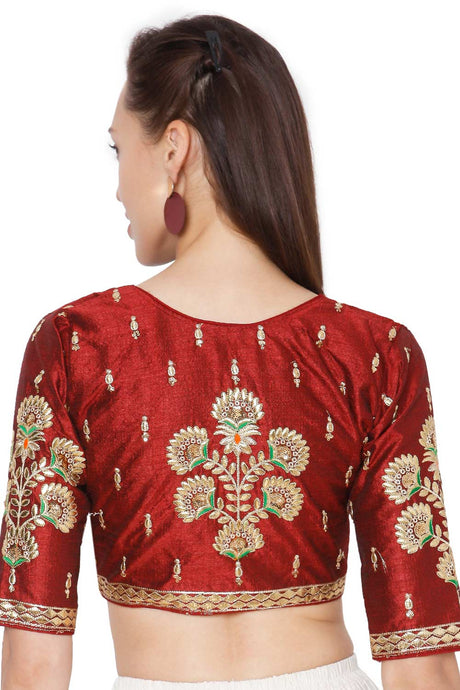 Maroon Cotton Blend Embroidered Readymade Saree Blouse