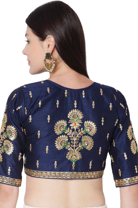 Blue Cotton Blend Embroidered Readymade Saree Blouse