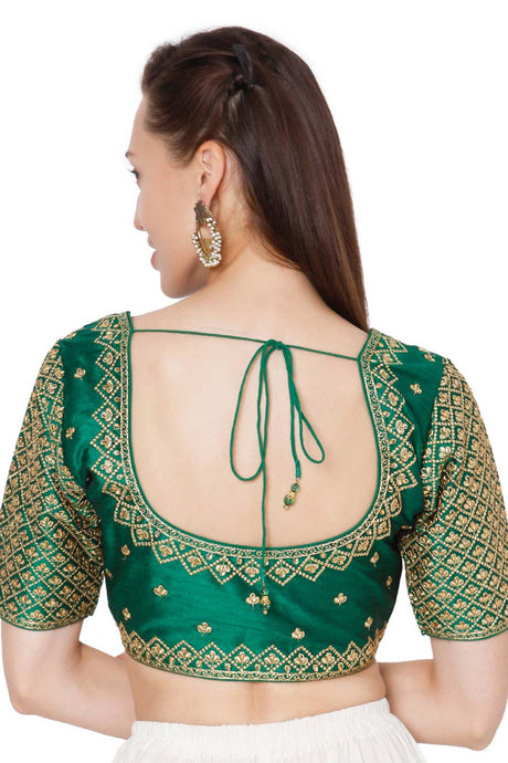 Bottle Green Picasa Silk Embroidered Readymade Saree Blouse
