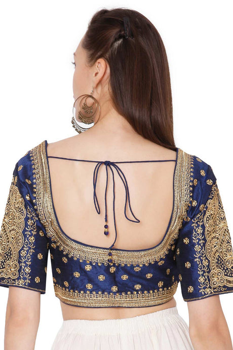 Navy Blue Phentom Silk Embroidered Readymade Saree Blouse
