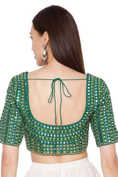 Green Slub Silk Mirror Emb. Embroidered Readymade Saree Blouse