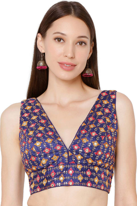 Buy Brocade Embroidered Blouse in Royal Blue