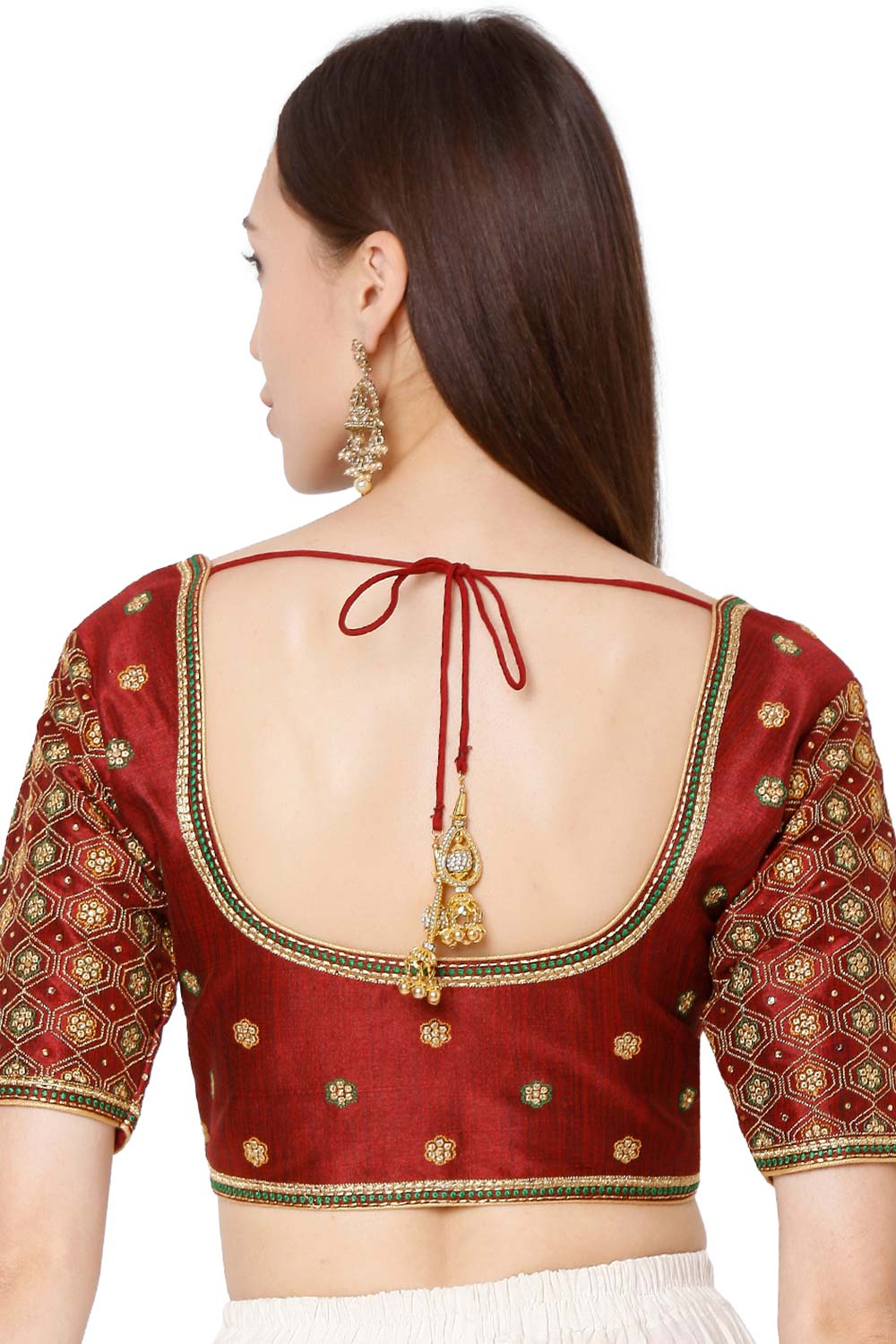 Round Neck Dupion Silk Maroon Saree Blouse