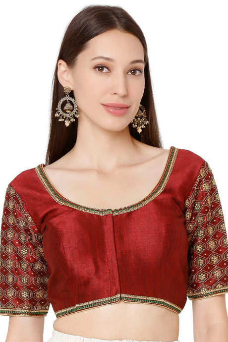 Buy Dupion Silk Embroidered Blouse in Maroon