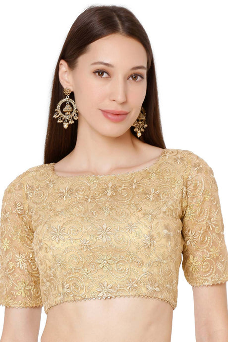 Buy Net Embroidered Blouse in Gold