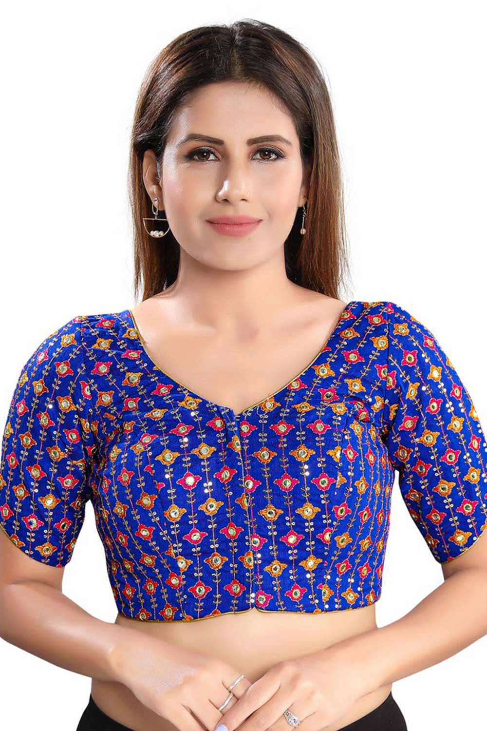 Buy Brocade Embroidered Blouse in Royal Blue