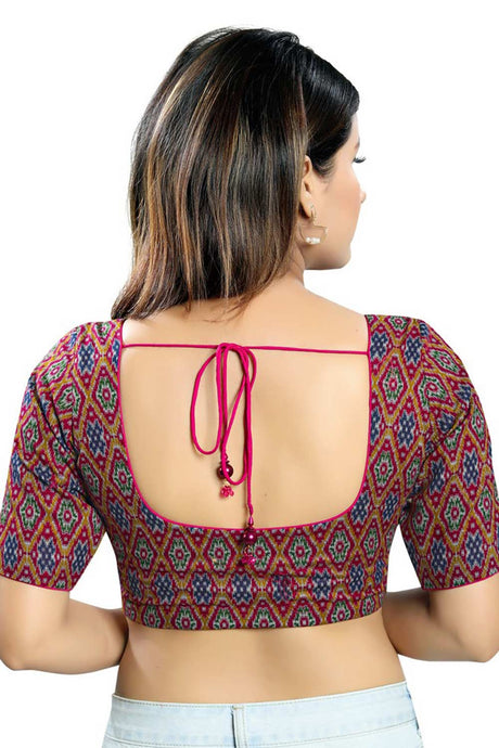 Magenta Cotton Blend Printed Readymade Saree Blouse