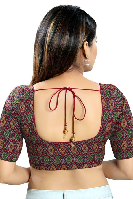 Maroon Cotton Blend Printed Readymade Saree Blouse